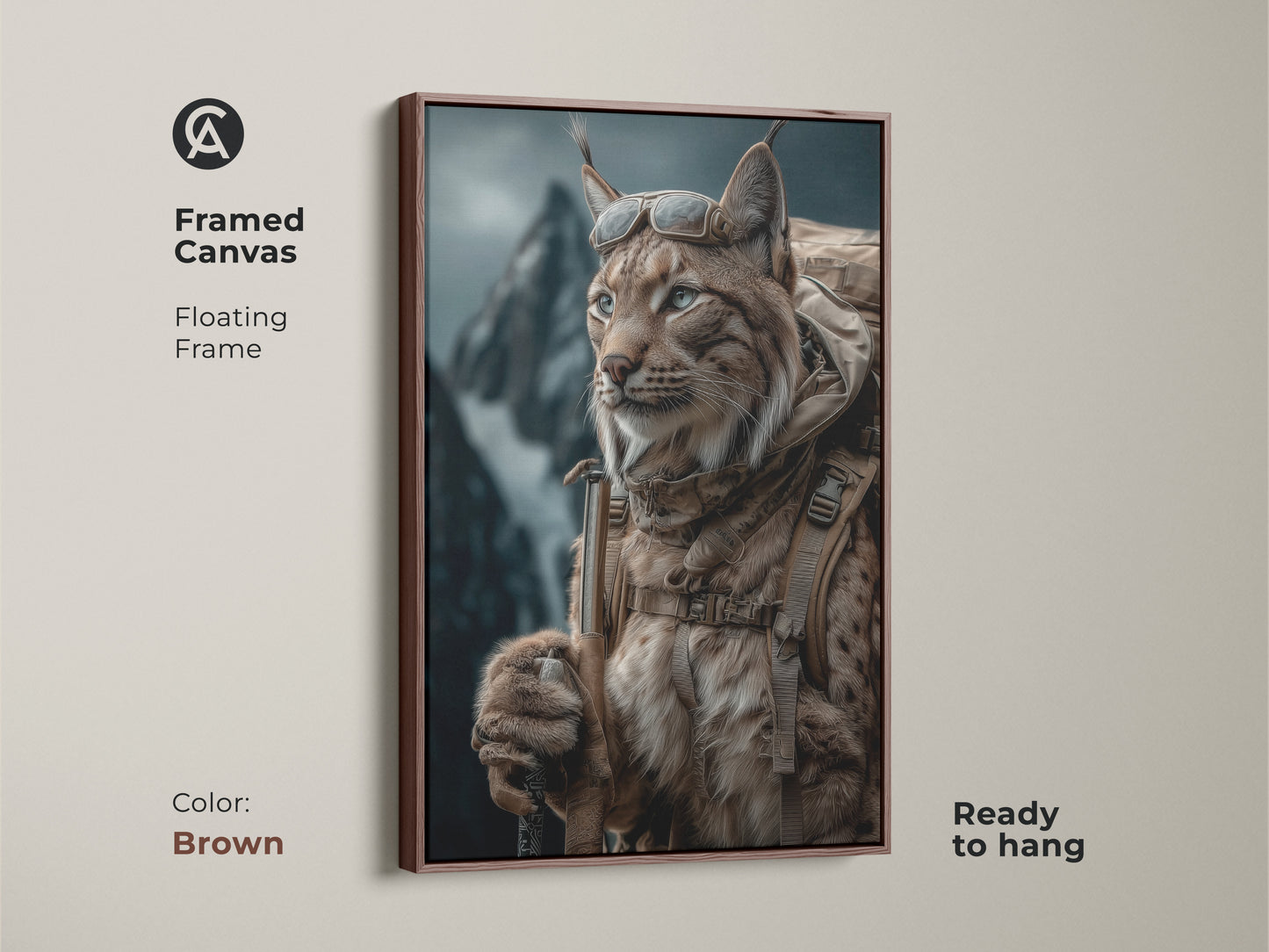 Framed canvas in brown featuring rustic Lynx artwork. The photorealistic lynx is ready to hang. It is dressed for outdoor adventure. Complete with a backpack and goggles. Displayed against a backdrop of majestic mountains. The tan brown teal wildlife artwork is great for the office and home.