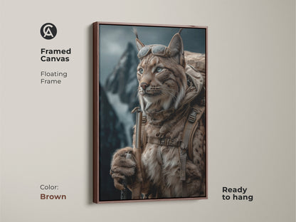 Framed canvas in brown featuring rustic Lynx artwork. The photorealistic lynx is ready to hang. It is dressed for outdoor adventure. Complete with a backpack and goggles. Displayed against a backdrop of majestic mountains. The tan brown teal wildlife artwork is great for the office and home.