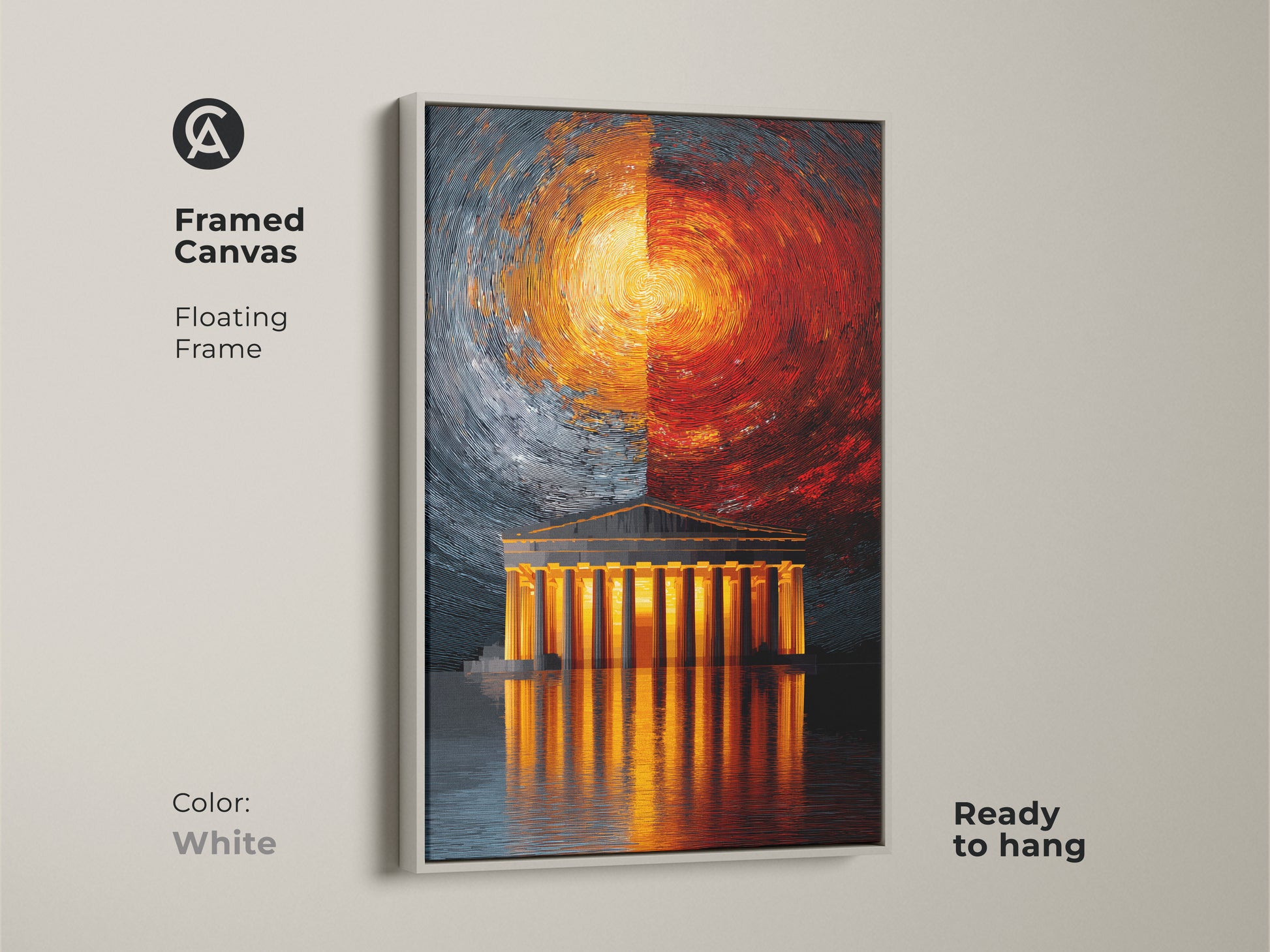 Framed canvas presenting an abstract Greek temple in a white floating frame. This orange and blue wall art offers a modern aesthetic. Ready to hang it enhances any space with classic architecture. A contemporary piece suitable as housewarming gift art.