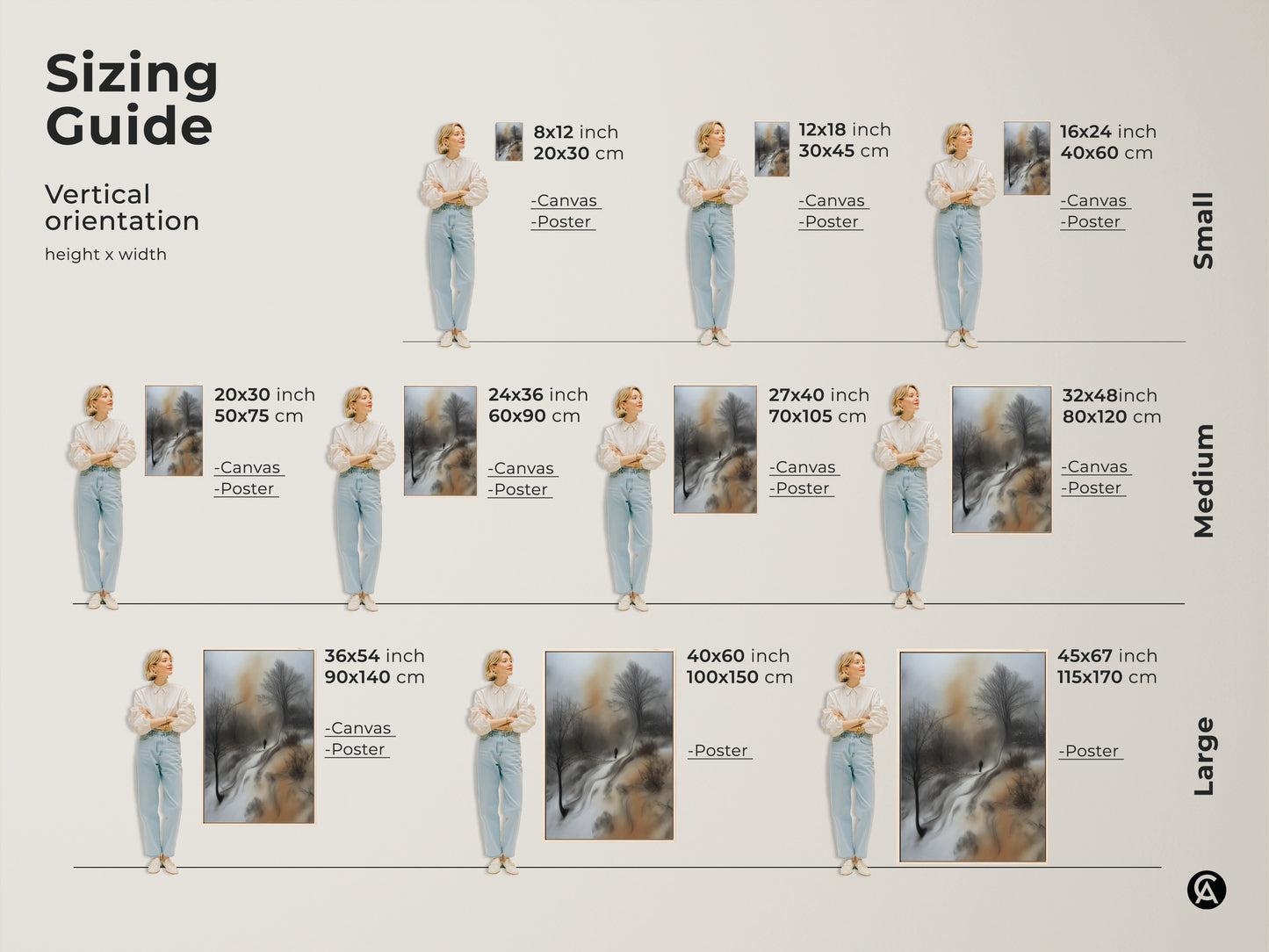 Sizing guide for vertical sepia winter landscape art. See how canvas and poster prints fit various wall spaces. Features a solitary figure and bare trees in different sizes. Modern wall art.