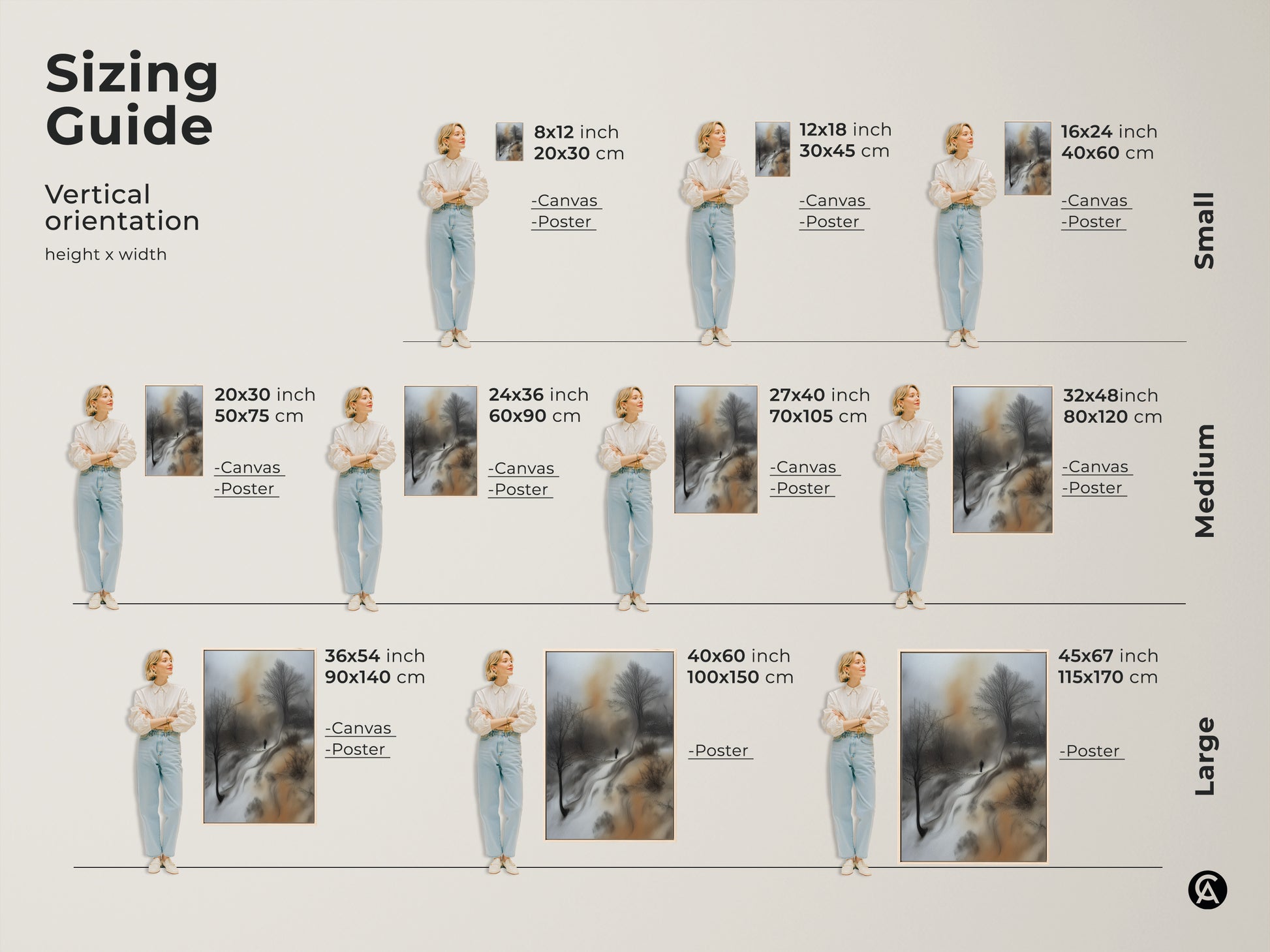 Sizing guide for vertical sepia winter landscape art. See how canvas and poster prints fit various wall spaces. Features a solitary figure and bare trees in different sizes. Modern wall art.