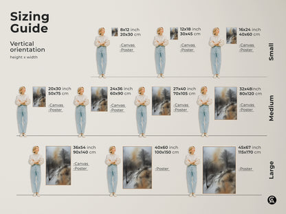 Sizing guide for vertical sepia winter landscape art. See how canvas and poster prints fit various wall spaces. Features a solitary figure and bare trees in different sizes. Modern wall art.