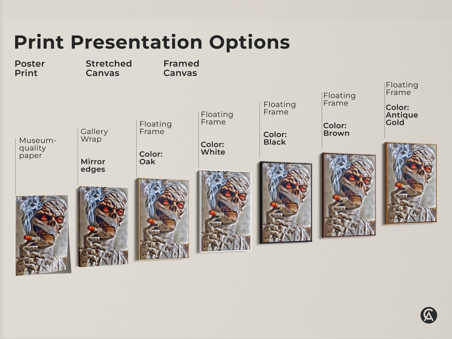 Explore print presentation options for dark fantasy mummy art. Choose from poster prints stretched canvases and framed canvases. Each features a gothic horror mummy with glowing red eyes smoking a cigar.
