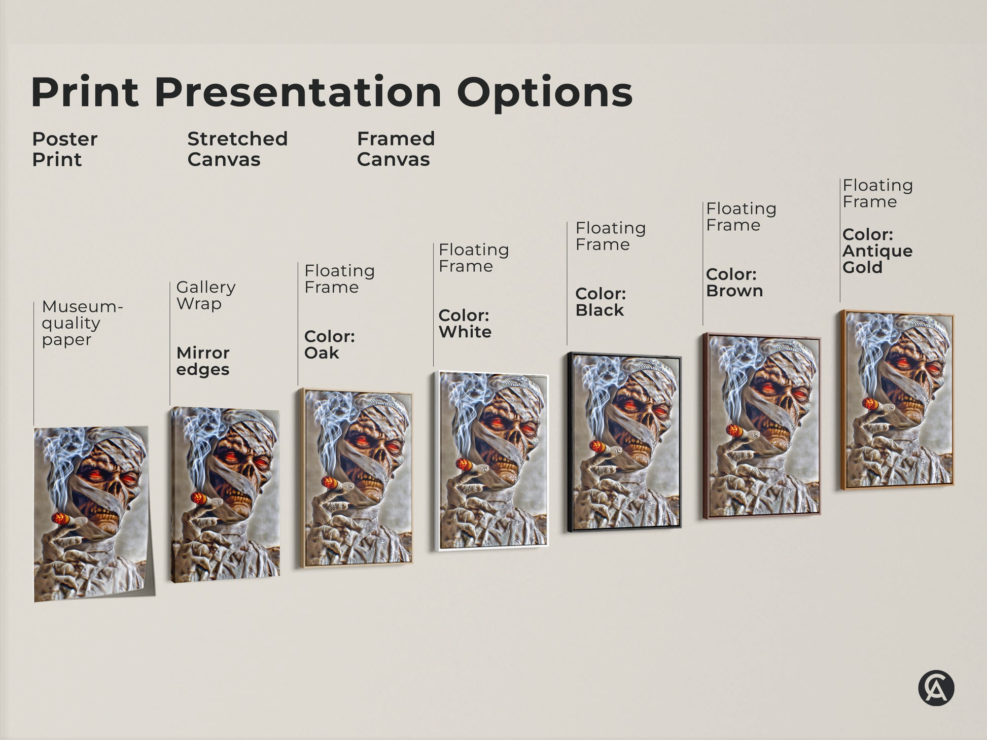 Explore print presentation options for dark fantasy mummy art. Choose from poster prints stretched canvases and framed canvases. Each features a gothic horror mummy with glowing red eyes smoking a cigar.