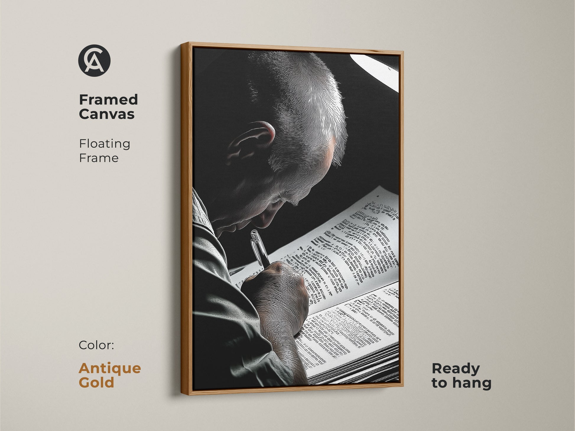 The framed canvas displays black and white artwork of a man immersed in a book with an antique gold floating frame. It's a sophisticated piece suitable for intellectual spaces. This contemporary art makes an excellent office art print and book lover present. Perfect literature gift it is also great for academic wall art.