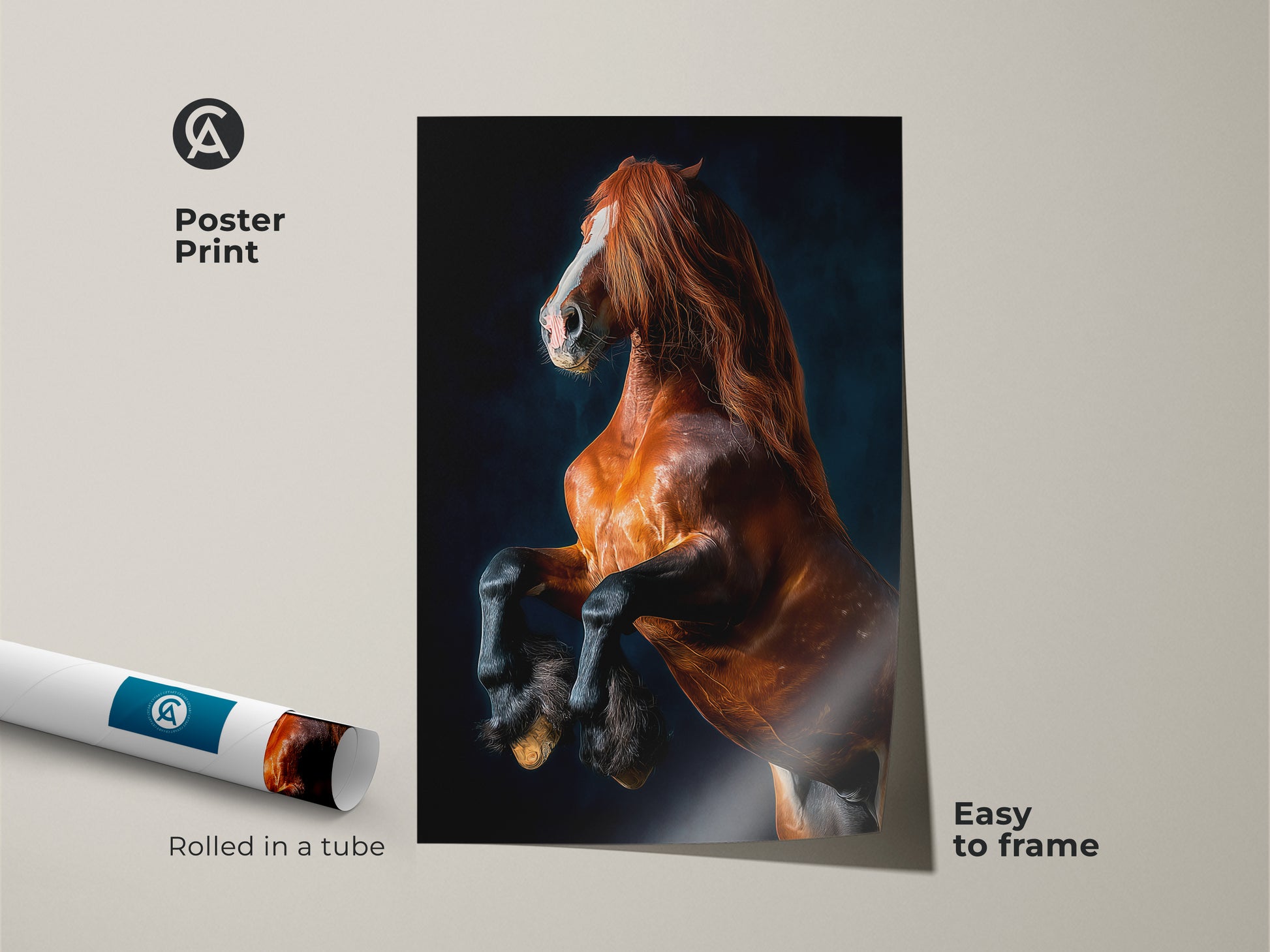 Equine animal artwork poster print. This brown horse canvas print features a rearing horse. Easy to frame and adds contemporary wildlife decor to any room. Perfect as a gift for horse lovers who appreciate equestrian themes. Rolled in a tube for protection