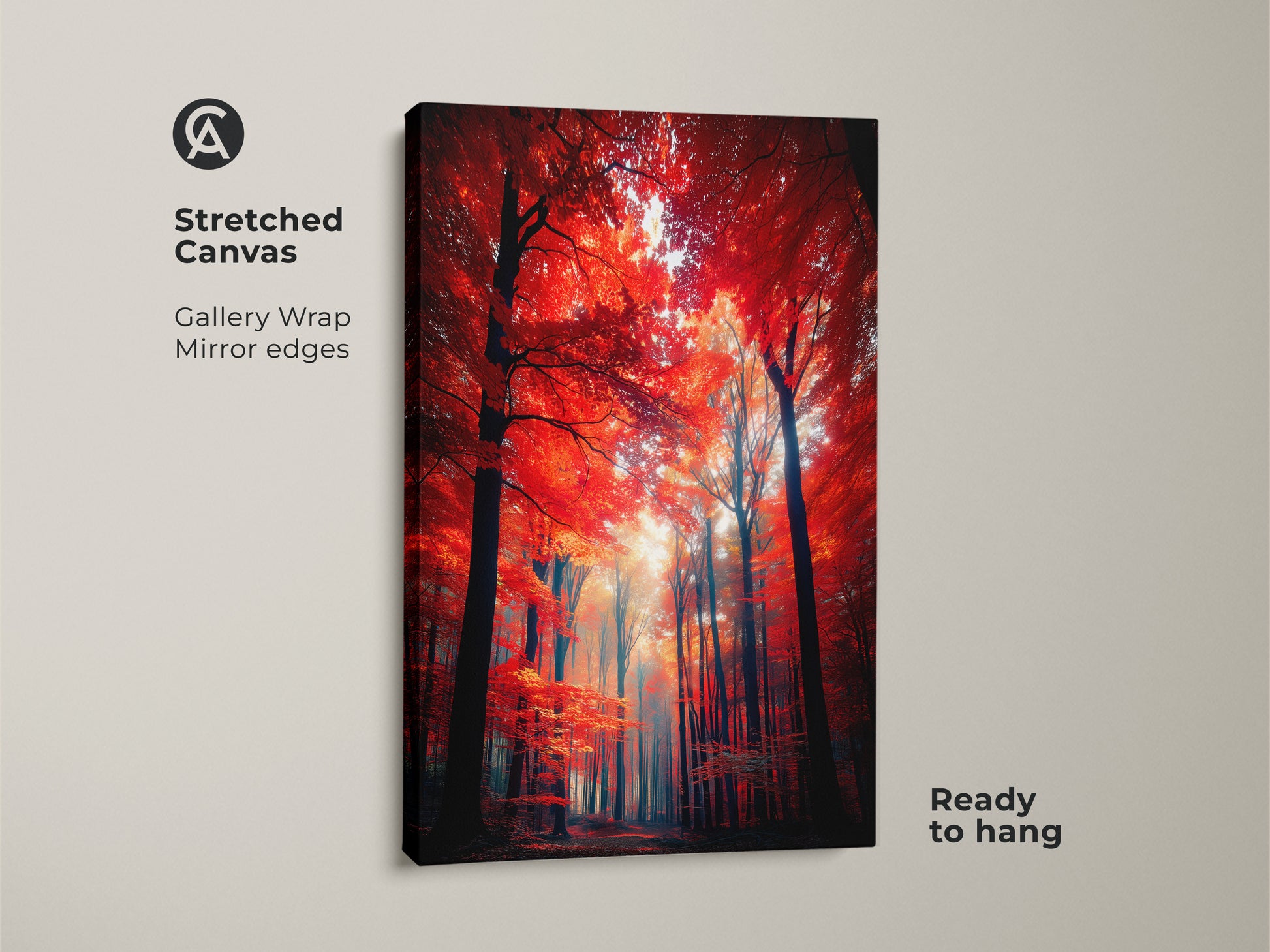 Stretched canvas artwork showcasing a striking red forest. The gallery wrap with mirrored edges enhances the immersive experience. This ready-to-hang canvas print brings a touch of nature to any space. A captivating piece of wall art.