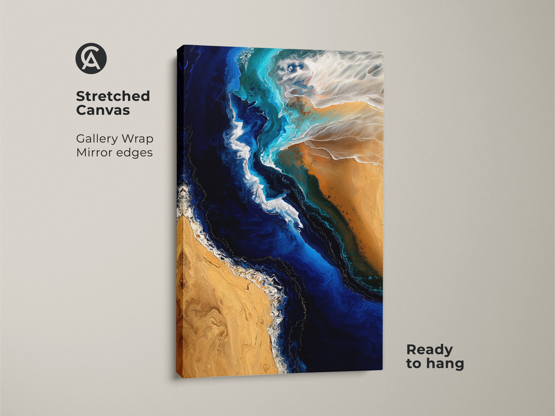Stretched canvas of abstract ocean wall art showcasing coastal living room style. The fluid art beach print features deep blue and sandy gold colors. Ready to hang this artwork adds a modern coastal touch. The gallery wrap with mirror edges provides a seamless visual experience. A perfect housewarming gift for her.