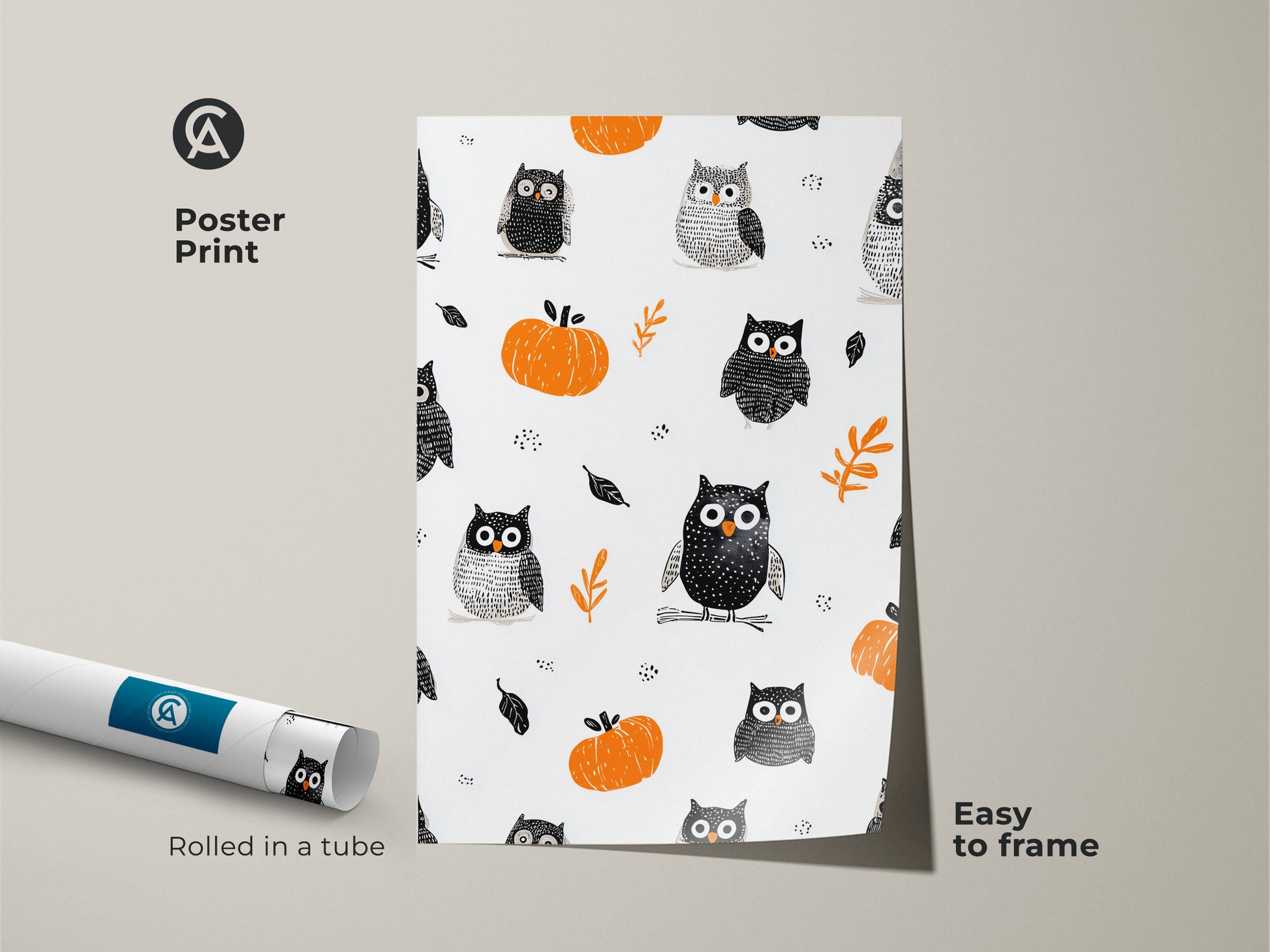 Poster Print of a delightful Halloween owl pumpkin pattern rolled in a tube. The art is easy to frame for a kids room fall decor. The whimsical nursery art features cute animals. It's a seasonal kids decor with a folk art style in orange black and white.