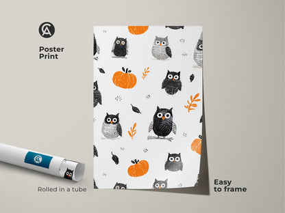 Poster Print of a delightful Halloween owl pumpkin pattern rolled in a tube. The art is easy to frame for a kids room fall decor. The whimsical nursery art features cute animals. It's a seasonal kids decor with a folk art style in orange black and white.