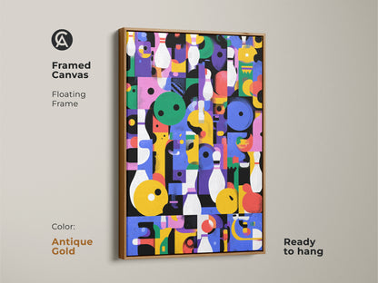 Framed Canvas Print with a floating frame. Geometric Abstract Wall Art in retro bowling style. This colorful eclectic decor is ready to hang. Ideal for a game room or office. The frame is antique gold.