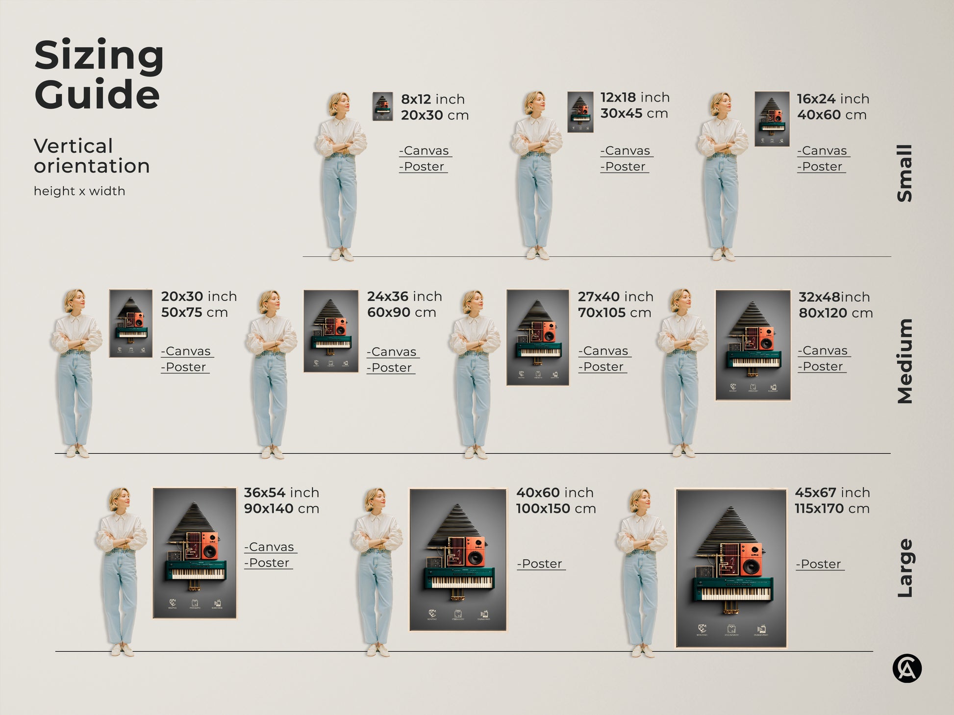 Sizing guide for vertical abstract synthesizer artwork. Available as canvas and poster in sizes from small to large. Geometric speaker art that enhances any space. Perfect for music lovers and tech enthusiasts.