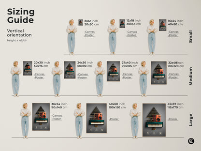 Sizing guide for vertical abstract synthesizer artwork. Available as canvas and poster in sizes from small to large. Geometric speaker art that enhances any space. Perfect for music lovers and tech enthusiasts.