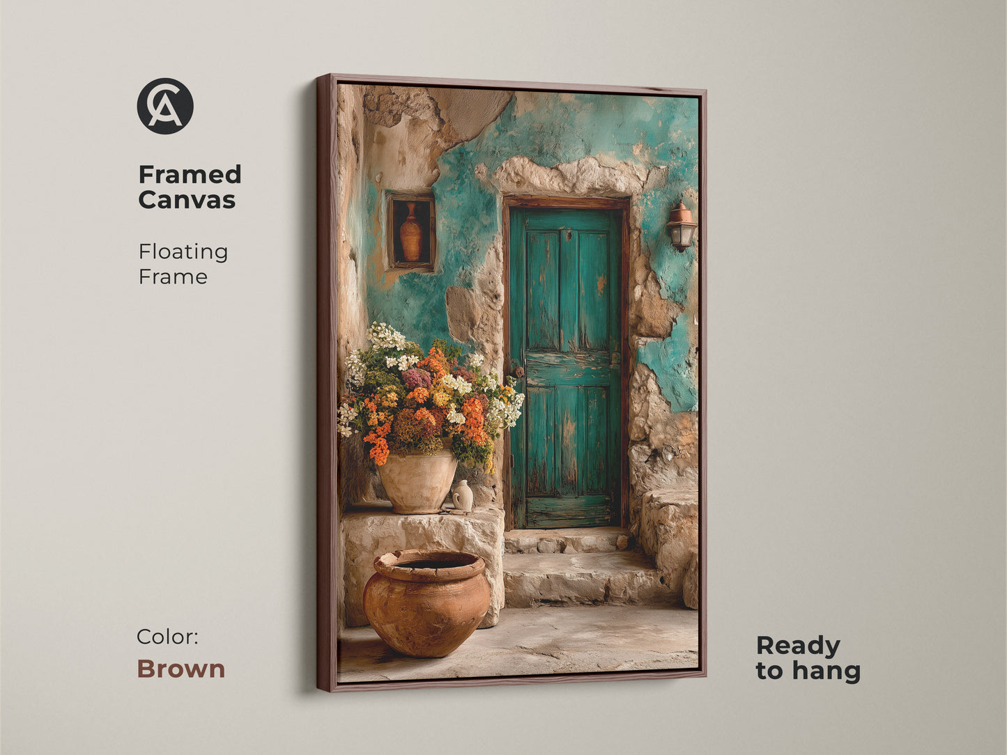 Framed canvas in brown showcasing a Mediterranean villa print. A rustic flower art featuring a charming teal door. This travel lovers gift print brings bohemian interior art to your walls. The botanical scene canvas adds rustic elegance to any room.