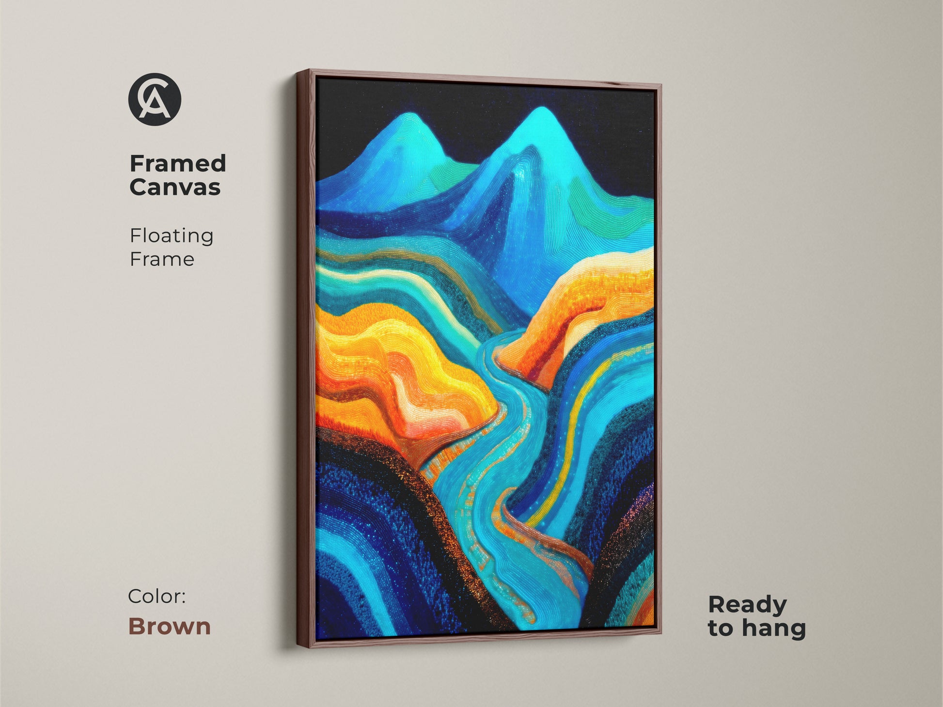 Framed canvas displays a floating frame in brown. The contemporary artwork shows an abstract mountain landscape. A deep blue river flows through aqua and orange accents. Ready to hang abstract art.