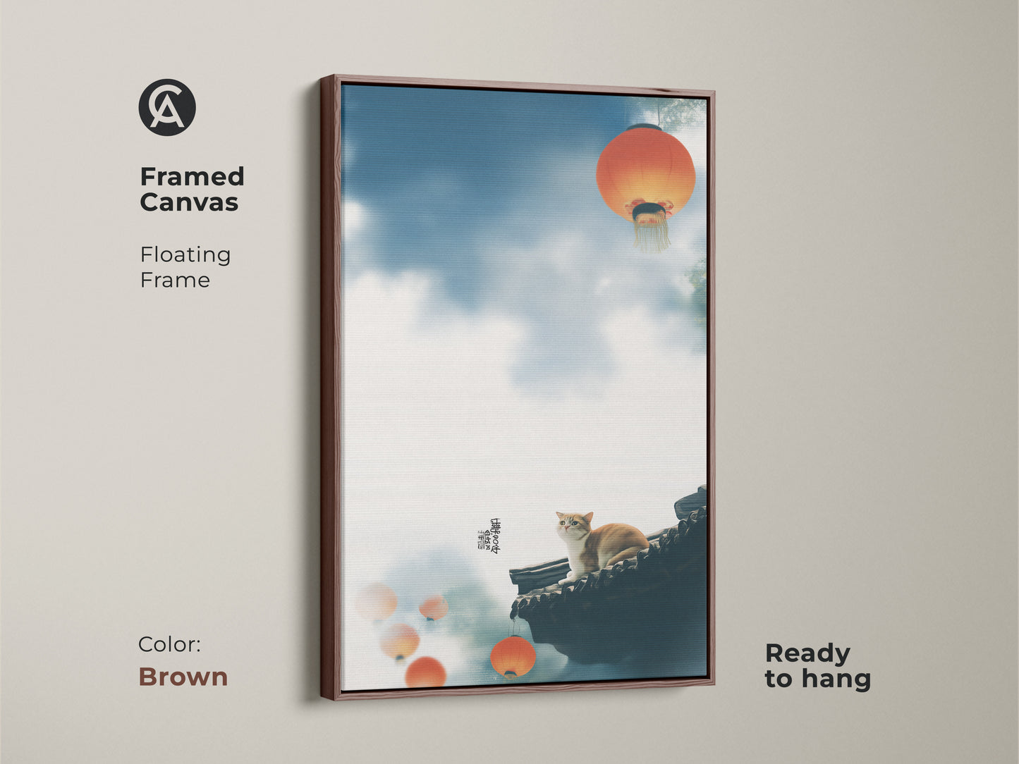 Framed canvas art print featuring a cat on a rooftop. This floating frame is brown. The traditional Asian cat art includes orange lanterns and a blue sky. Ready to hang this piece adds an eclectic touch to any room. Perfect as a housewarming gift for cat lovers this is cozy bedroom wall decor.