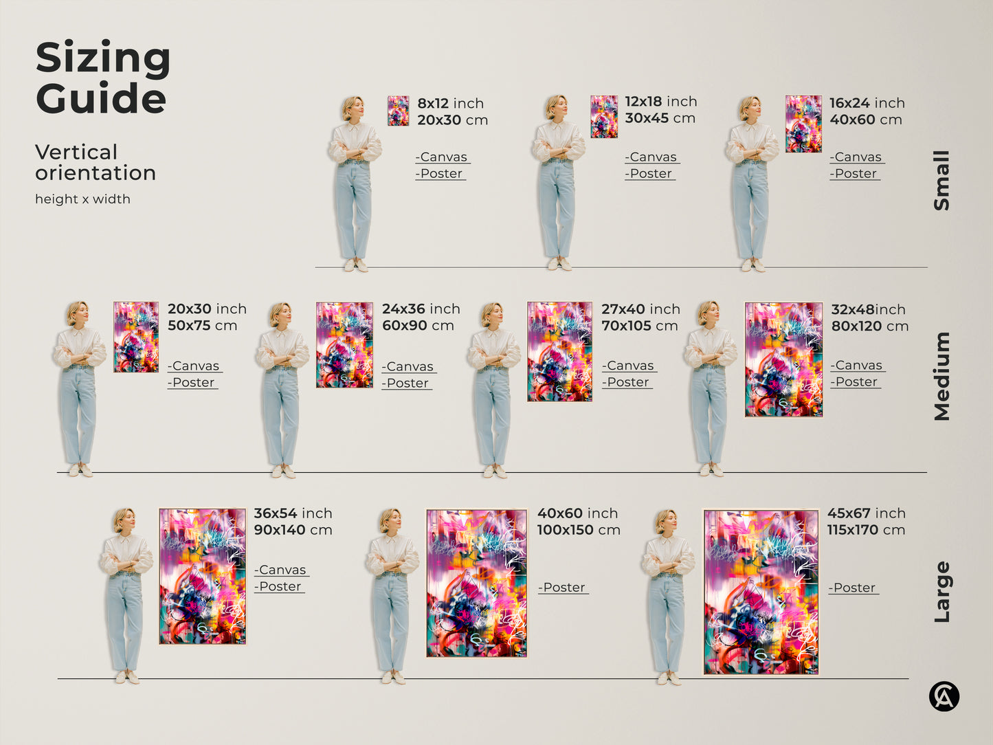 Sizing guide for vertical abstract art prints. Available in small medium and large sizes. Options include canvas and poster prints to fit any space. Find the perfect size to complement your home or office decor needs.