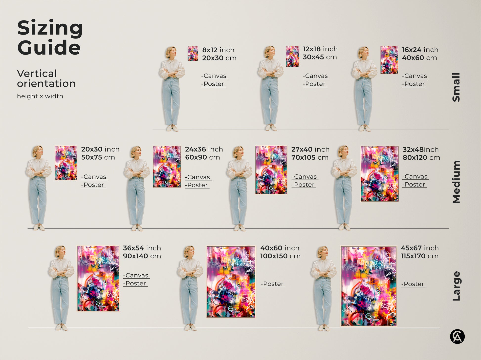 Sizing guide for vertical abstract art prints. Available in small medium and large sizes. Options include canvas and poster prints to fit any space. Find the perfect size to complement your home or office decor needs.