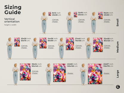 Sizing guide for vertical abstract art prints. Available in small medium and large sizes. Options include canvas and poster prints to fit any space. Find the perfect size to complement your home or office decor needs.