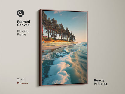 Brown framed canvas with a floating frame displaying ocean waves and pine trees. This coastal artwork brings a warm touch to any space. The blue teal seascape print enhances a coastal living room or bedroom wall.