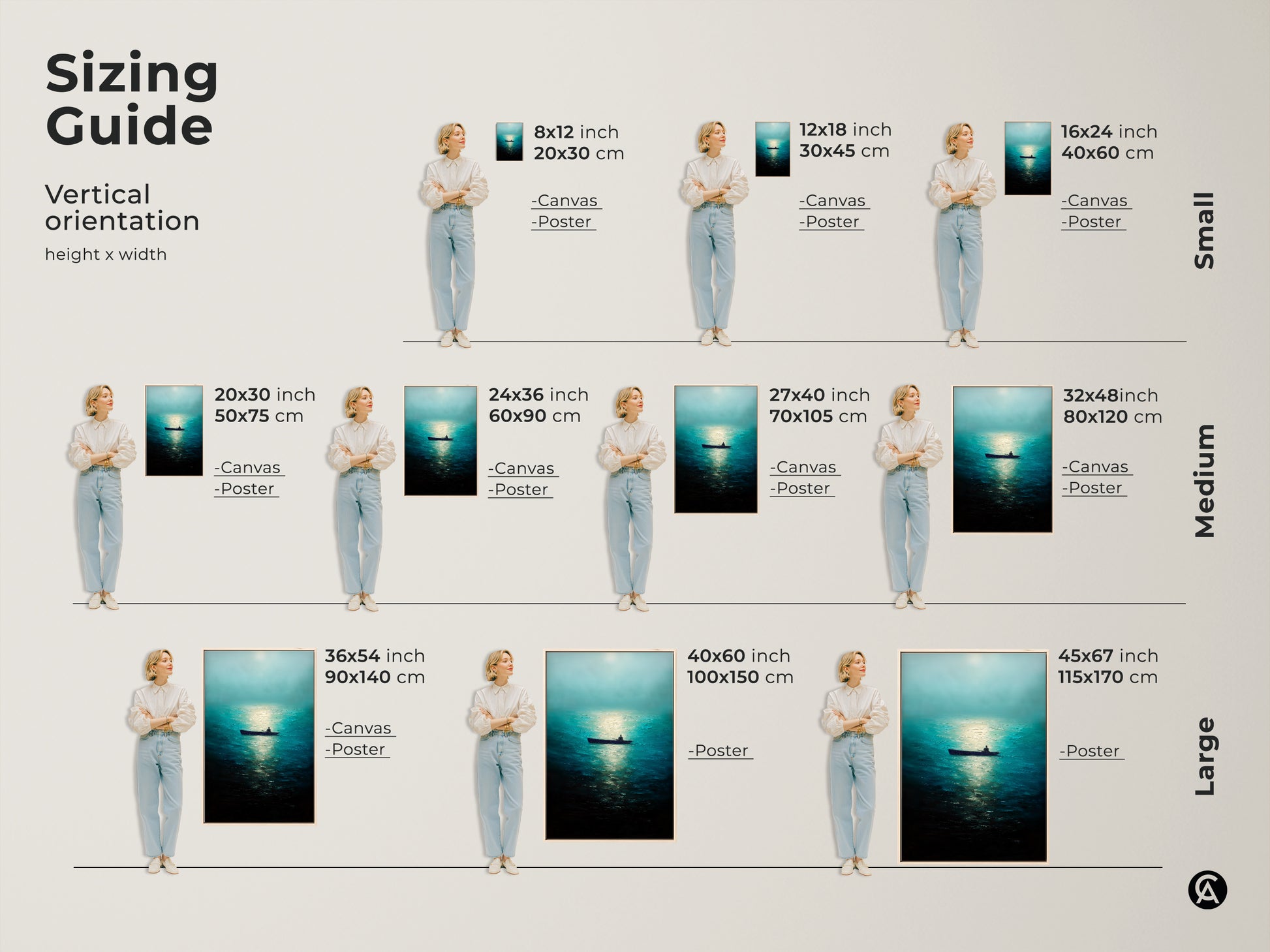 Sizing guide for vertical orientation canvas and poster prints featuring a man in a rowboat on a deep blue ocean. Find the perfect size for your space. This minimalist nature artwork brings ocean serenity to any room. Ideal coastal home decor.