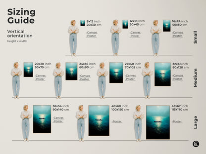 Sizing guide for vertical orientation canvas and poster prints featuring a man in a rowboat on a deep blue ocean. Find the perfect size for your space. This minimalist nature artwork brings ocean serenity to any room. Ideal coastal home decor.