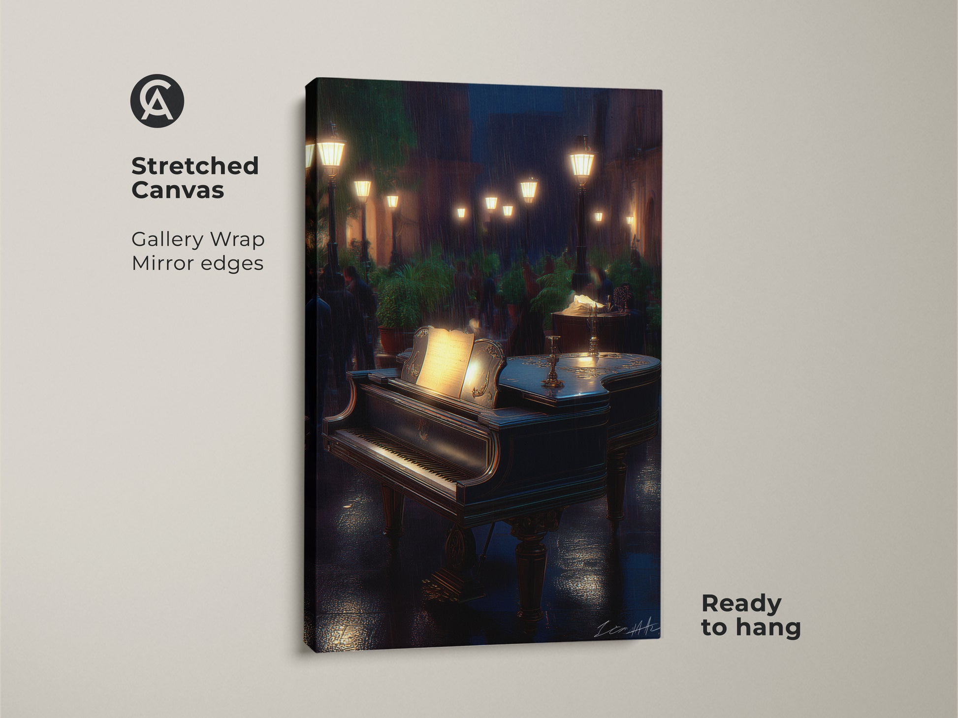 Elevate your space with this ready-to-hang Stretched Canvas Grand Piano art. This Gallery Wrap print features mirror edges and showcases a rainy night cityscape scene filled with romantic music.