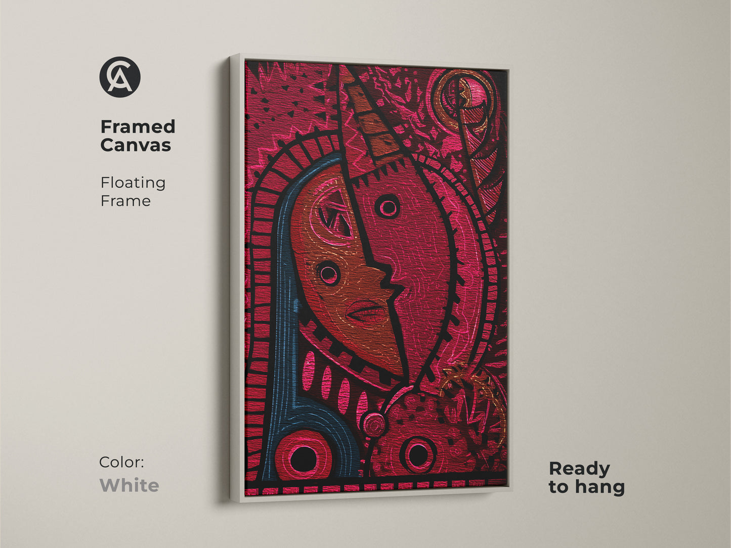 White framed canvas displaying an abstract face artwork. The red and blue tribal mask enhances wall decor. Ready to hang this modern folk piece adds character. Great as a thoughtful gift for art lovers.