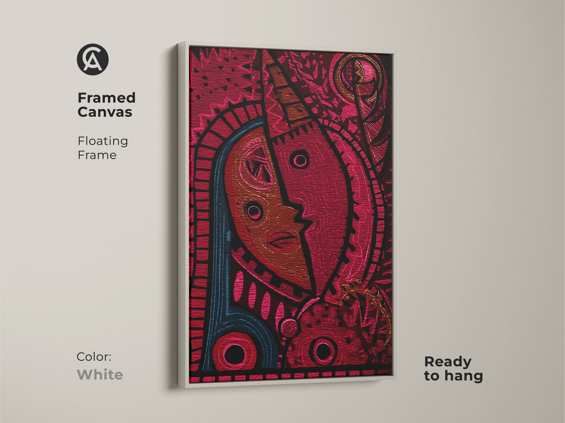 White framed canvas displaying an abstract face artwork. The red and blue tribal mask enhances wall decor. Ready to hang this modern folk piece adds character. Great as a thoughtful gift for art lovers.