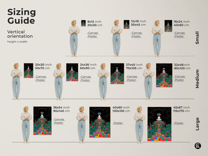 Sizing guide featuring vertical psychedelic mushroom forest canvas art. Various sizes show a meditating figure in trippy surrealism artwork. Indigo and green abstract print suitable for eclectic home decor. 
