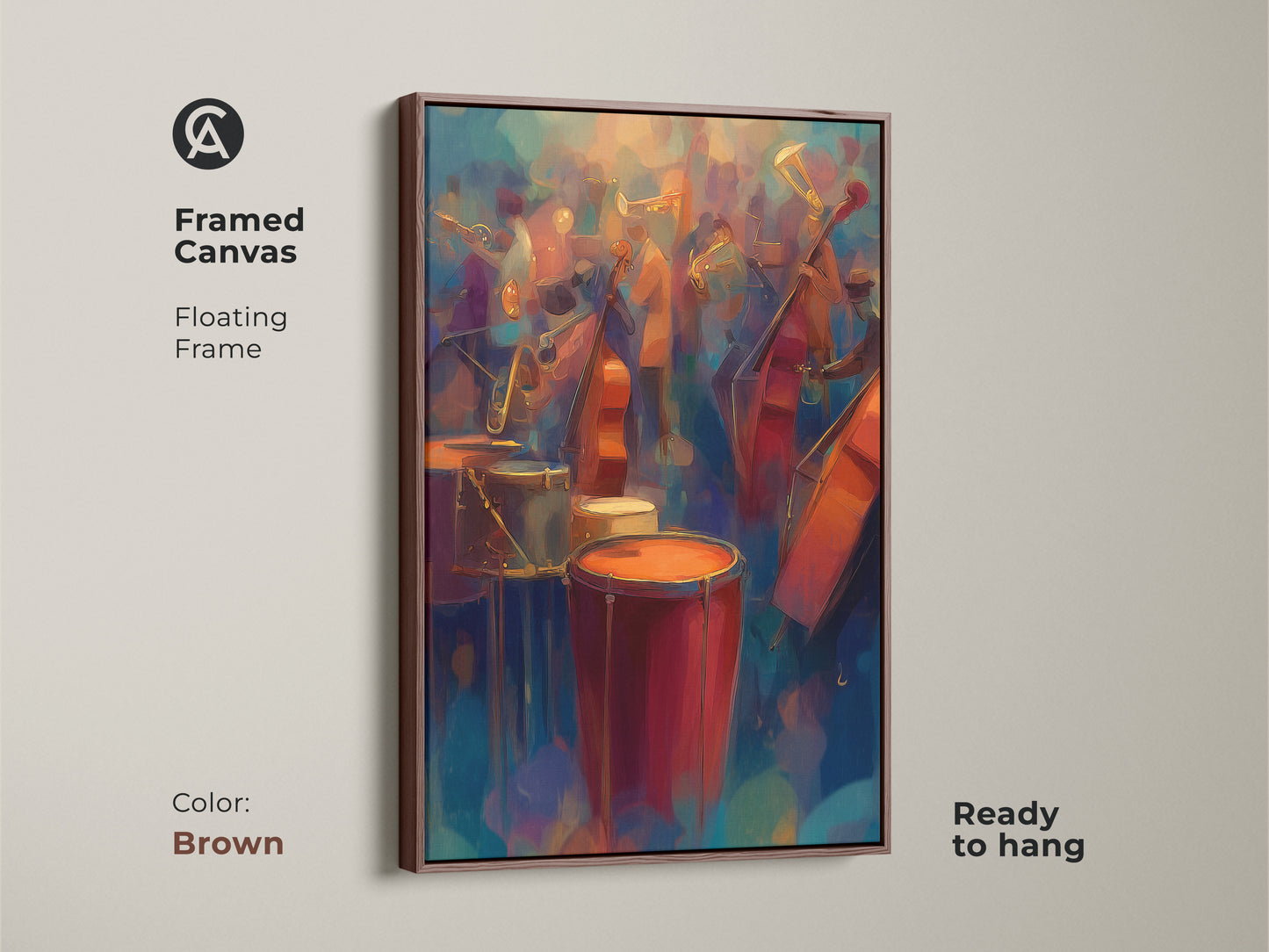 The abstract jazz band artwork is framed in brown. The canvas has a floating frame. It is ready to hang. This music-themed wall art adds a touch of warmth to any space.