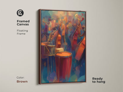 The abstract jazz band artwork is framed in brown. The canvas has a floating frame. It is ready to hang. This music-themed wall art adds a touch of warmth to any space.