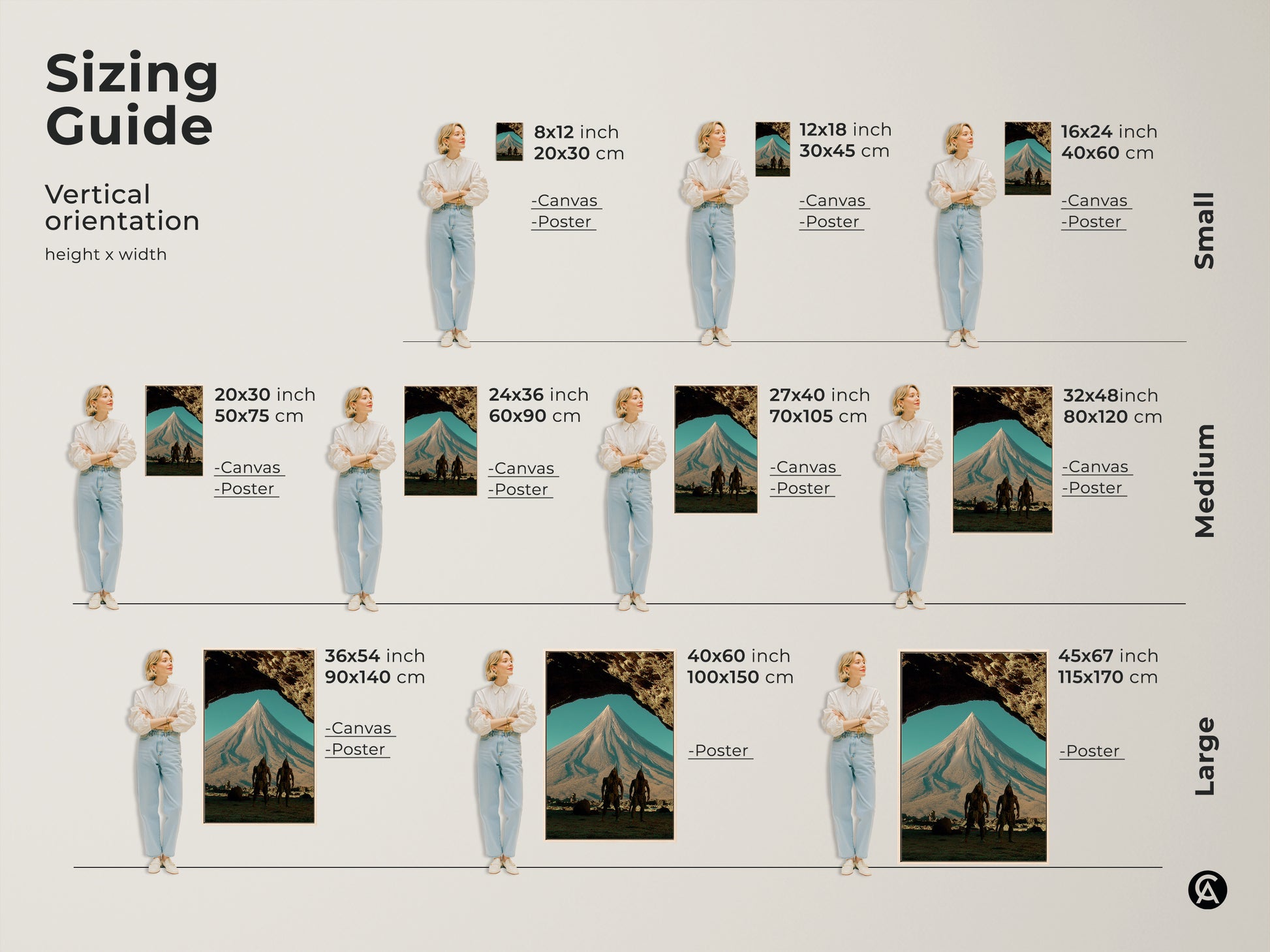 Sizing guide for the tribal warriors art print in a fantasy mountain landscape. Vertical orientation with various sizes for canvas and poster options. Choose the perfect earth tones artwork to complement your home decor. Gift for art lovers.