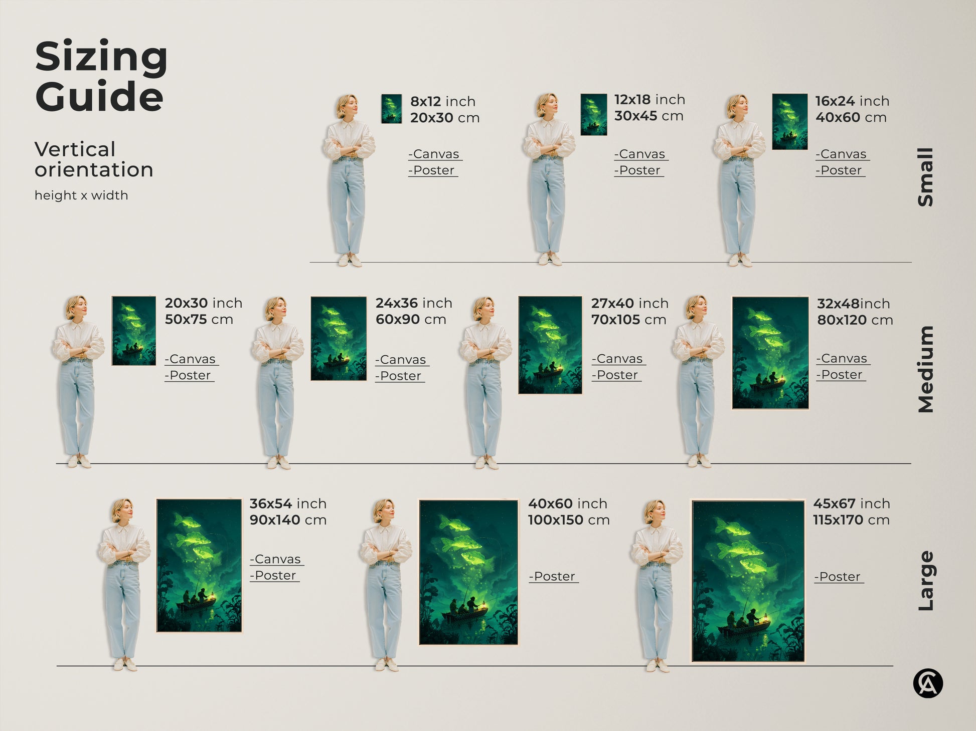 Sizing guide for vertical surreal fishing art. Options range from small to large. See how the fantasy nature canvas art fits different spaces. Models display the scale of each emerald green carp print. Choose the ideal size for your wall decor.