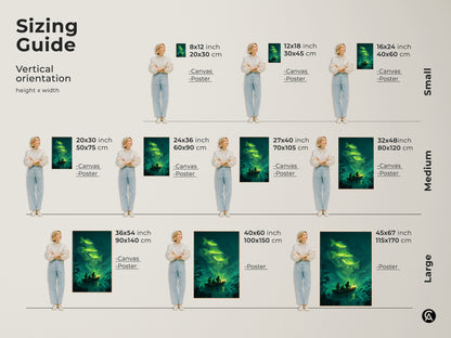 Sizing guide for vertical surreal fishing art. Options range from small to large. See how the fantasy nature canvas art fits different spaces. Models display the scale of each emerald green carp print. Choose the ideal size for your wall decor.