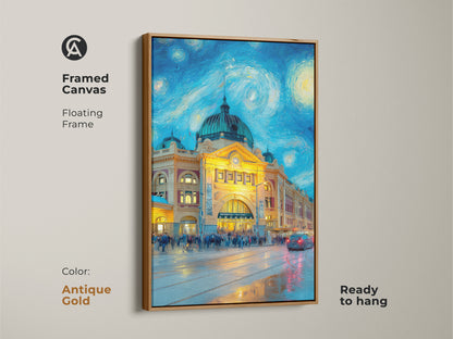 Antique gold framed canvas art print of Flinders Street Station. This ready-to-hang artwork features a floating frame. The painting showcases a Starry Night style. The antique gold frame adds a touch of luxury.