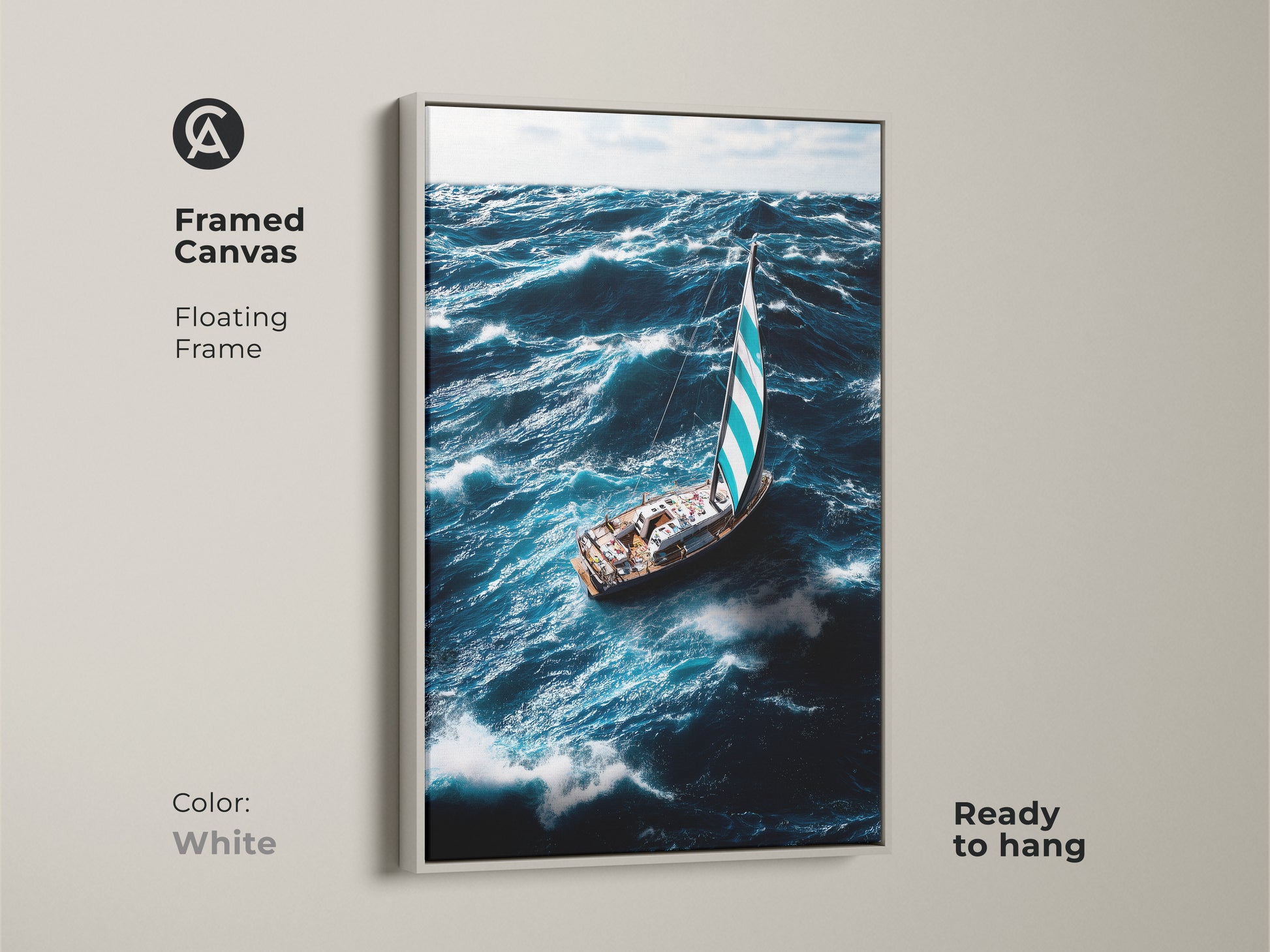 Framed canvas featuring a sailboat in ocean waves. This coastal art has a white floating frame. The deep blue sea canvas enhances any space. Sailing boat wall hanging for nautical decor. Mariner gift wall art. It's ready to hang and enjoy