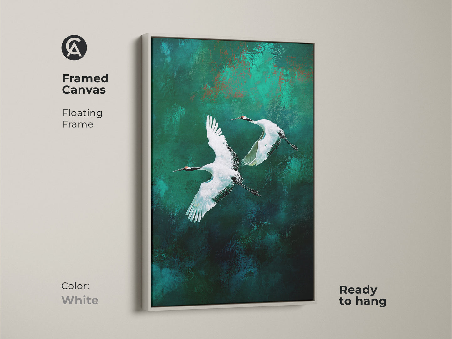 Framed canvas with a white floating frame featuring flying cranes. The emerald and teal create a serene abstract nature scene. This modern artwork will refresh your home and is ready to hang.