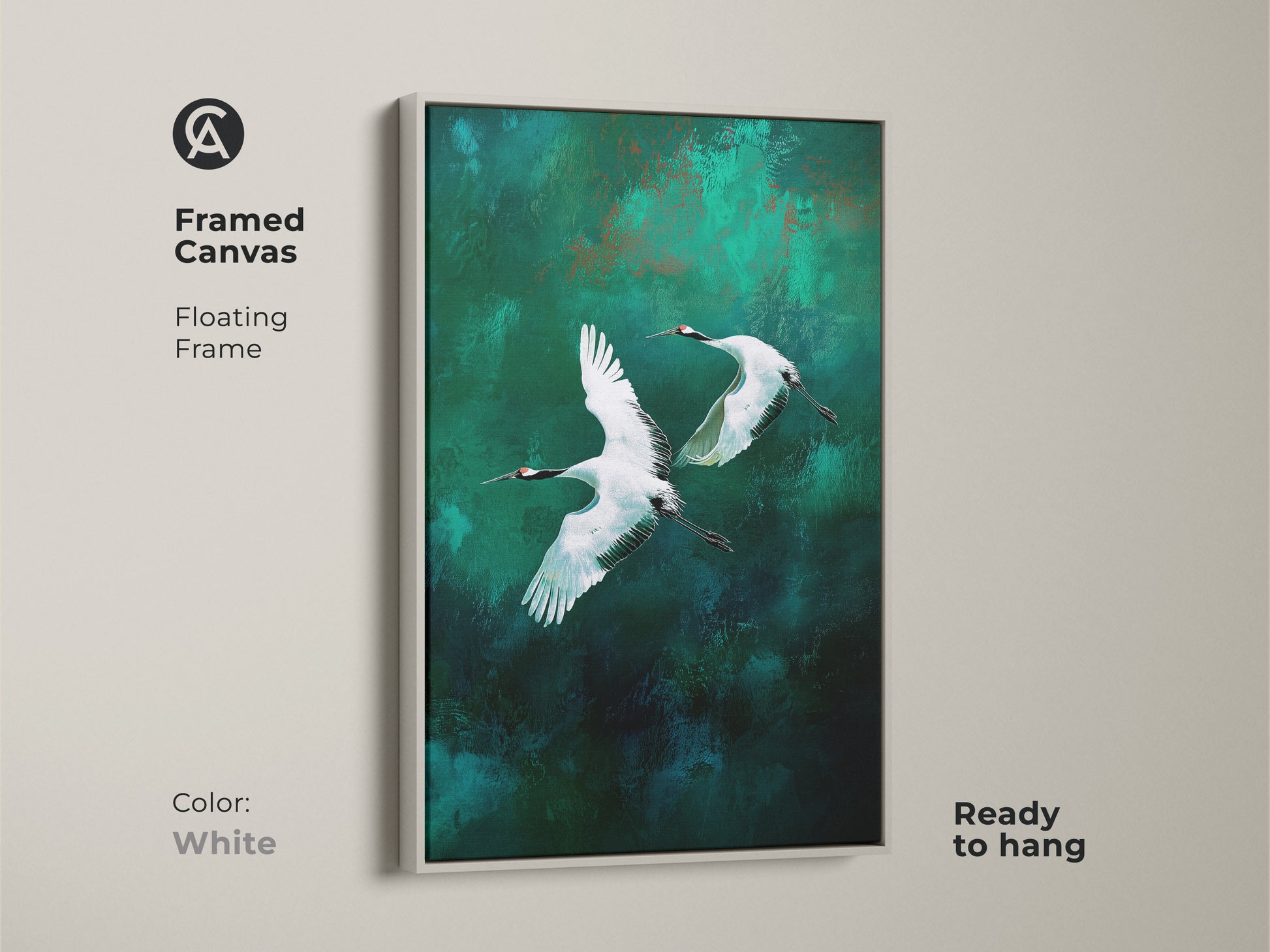 Framed canvas with a white floating frame featuring flying cranes. The emerald and teal create a serene abstract nature scene. This modern artwork will refresh your home and is ready to hang.
