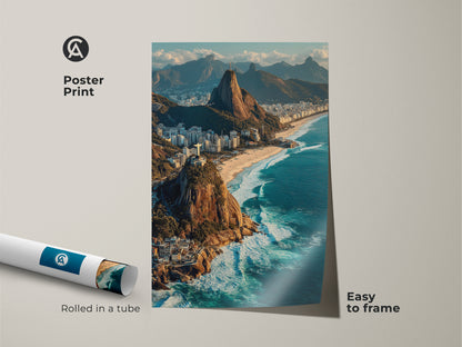 Poster print showcasing an aerial view of Rio de Janeiro. This easy-to-frame travel art features Ipanema Beach and Christ the Redeemer. Rolled in a tube for protection. The ocean blue coastal landscape adds a wanderlust touch. Perfect city view art