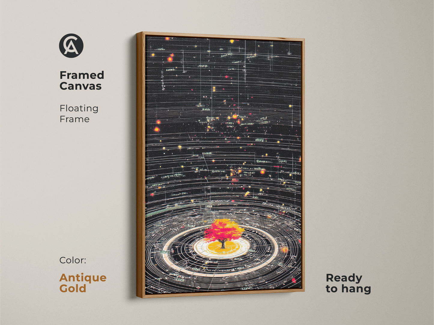 Antique Gold Framed Canvas with Abstract Cosmic Tree of Life art. The floating frame enhances the science inspired decor. This generative space orbits canvas is ready to hang. Black canvas is accented by yellow red stars makes it a captivating astronomy artwork.