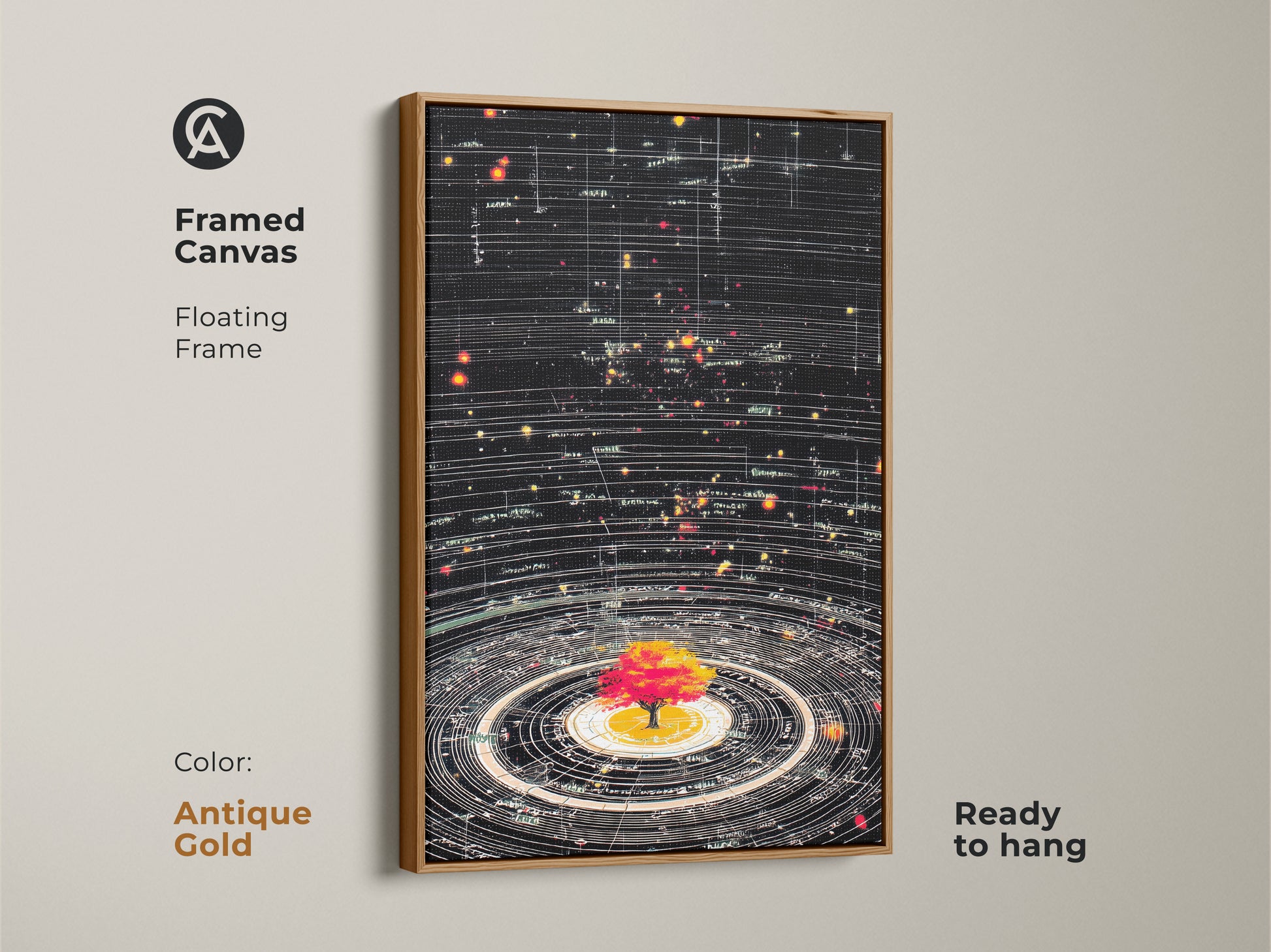 Antique Gold Framed Canvas with Abstract Cosmic Tree of Life art. The floating frame enhances the science inspired decor. This generative space orbits canvas is ready to hang. Black canvas is accented by yellow red stars makes it a captivating astronomy artwork.