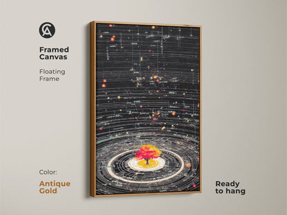 Antique Gold Framed Canvas with Abstract Cosmic Tree of Life art. The floating frame enhances the science inspired decor. This generative space orbits canvas is ready to hang. Black canvas is accented by yellow red stars makes it a captivating astronomy artwork.