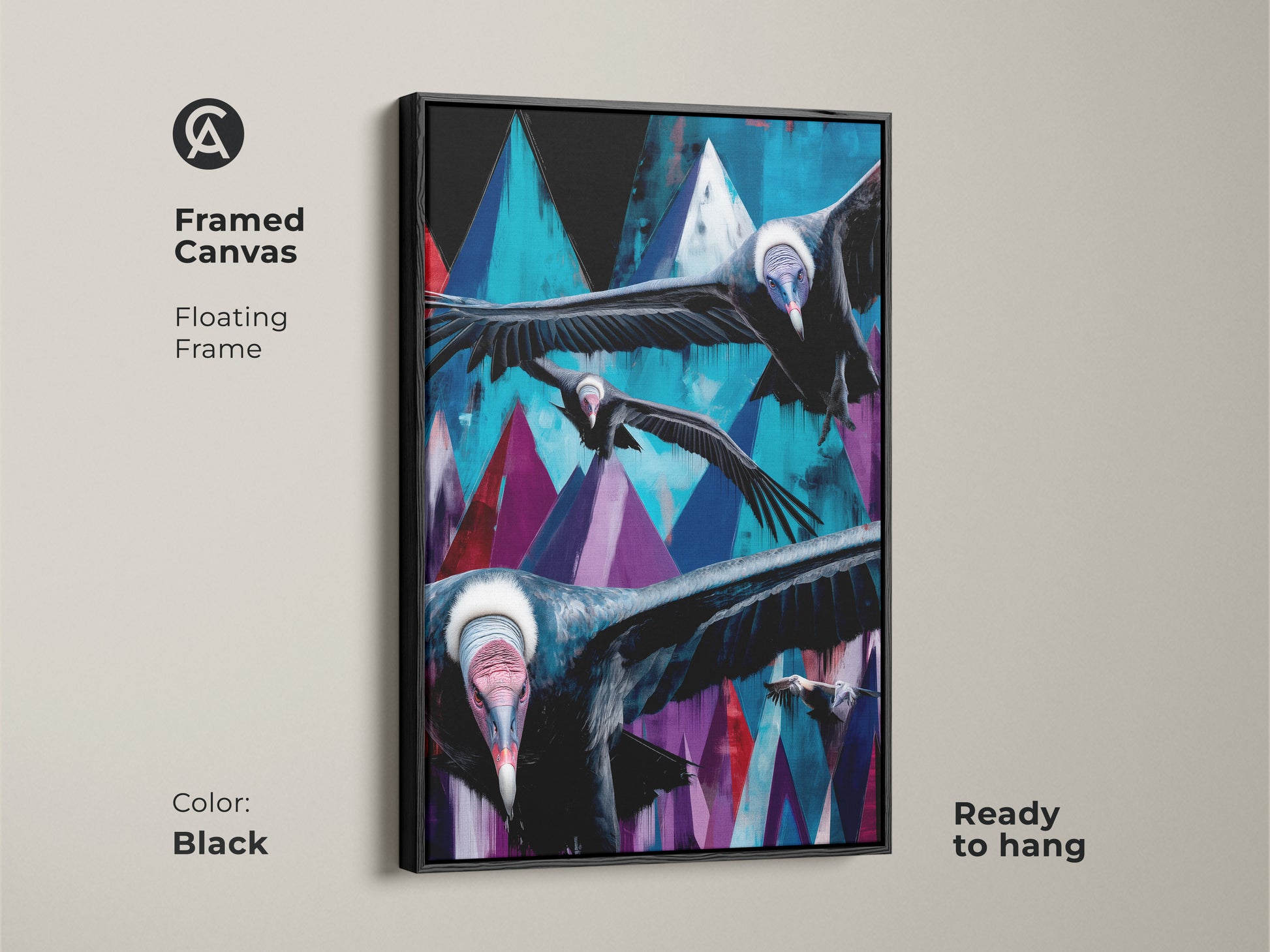 Framed canvas of geometric mountain vulture artwork. The black floating frame enhances the teal blue and purple abstract bird art. This contemporary office art arrives ready to hang. It makes a striking eclectic wall accent.