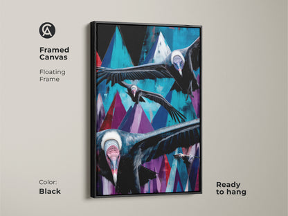 Framed canvas of geometric mountain vulture artwork. The black floating frame enhances the teal blue and purple abstract bird art. This contemporary office art arrives ready to hang. It makes a striking eclectic wall accent.