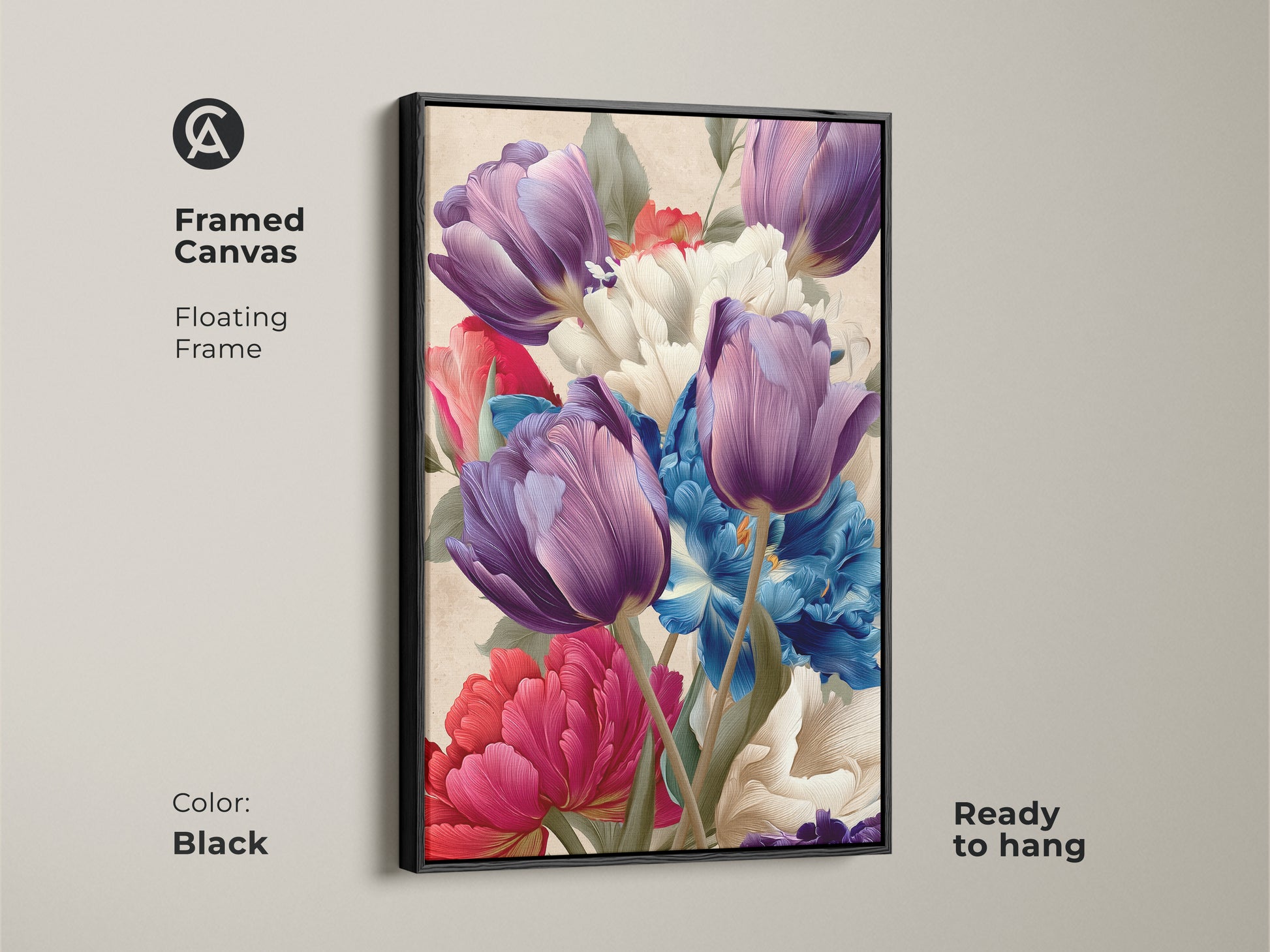 Framed canvas with a floating black frame showcasing purple tulips and blue peonies. This ready-to-hang botanical artwork is perfect for eclectic home decor. A vibrant spring floral wall art adds artistic floral bouquet to your living space with purple and blue hues.