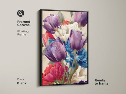 Framed canvas with a floating black frame showcasing purple tulips and blue peonies. This ready-to-hang botanical artwork is perfect for eclectic home decor. A vibrant spring floral wall art adds artistic floral bouquet to your living space with purple and blue hues.
