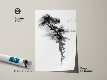 Poster print of minimalist Ink Wash Tree art. The black and white sumi-e landscape offers tranquil nature. Birds flying are easy to frame for simple meditation room decor. Rolled in a tube for safe shipping. Artistic tree painting.