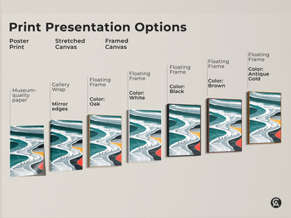 Explore print presentation options including posters stretched canvas and framed canvas. Each features abstract ski slope artwork in teal and white. Choose from gallery wrap floating frames in colors such as oak black brown antique gold and white. Elevate your space with museum quality paper and mirror edges.