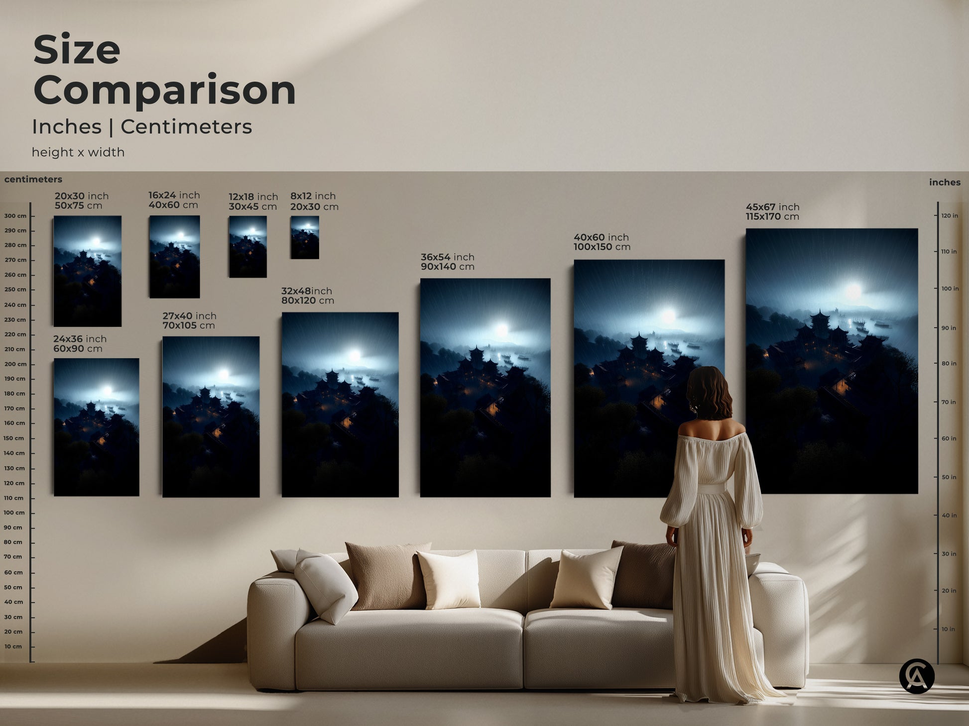 Size Comparison of Rainy Night Pagoda Artwork. See how the art looks above a couch in various sizes. Available in inches and centimeters. Choose from small to large to fit your space. The deep teal and midnight blue tones create an atmospheric landscape painting.